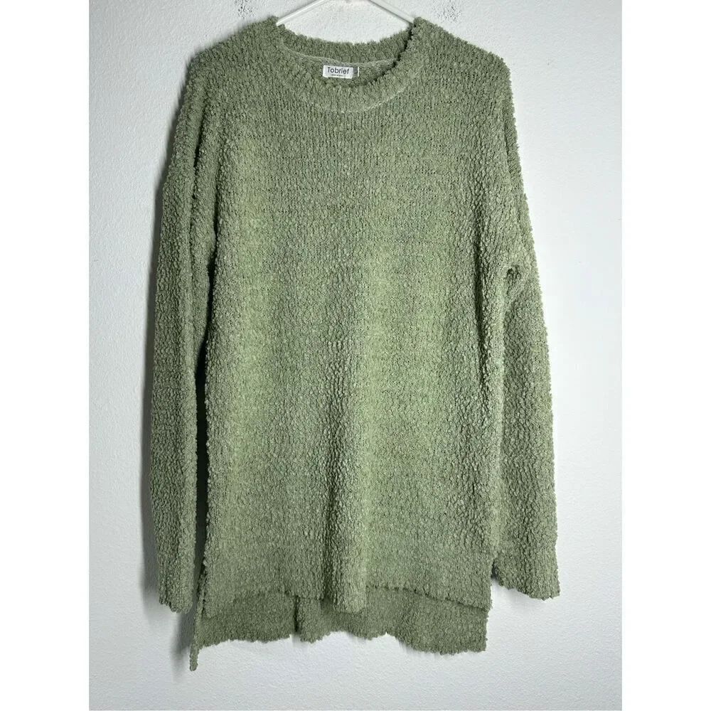 Tobrief Crewneck Booklined Loose Knit Fringe Sweater Olive Green Size L